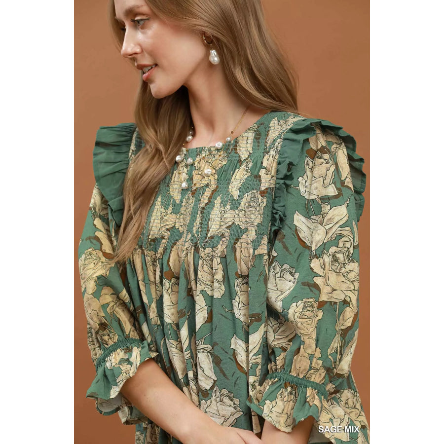 Umgee Mix Floral Print Smocked Ruffle Detail Flowy Dress Apparel and Accessories