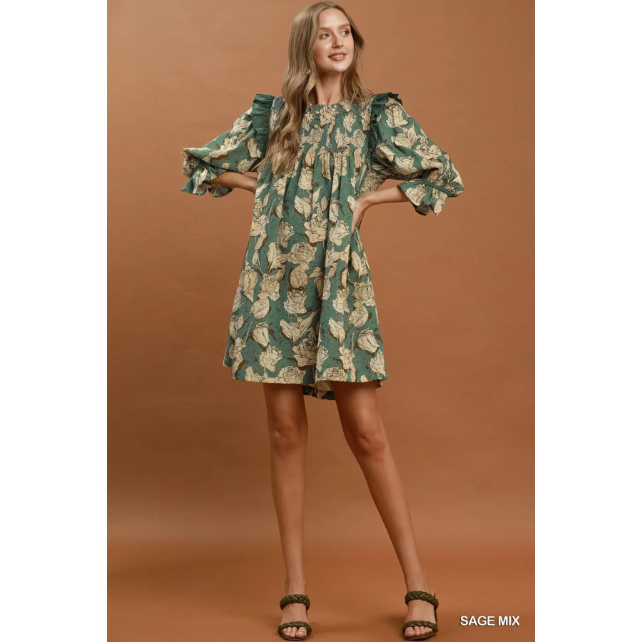 Umgee Mix Floral Print Smocked Ruffle Detail Flowy Dress Apparel and Accessories
