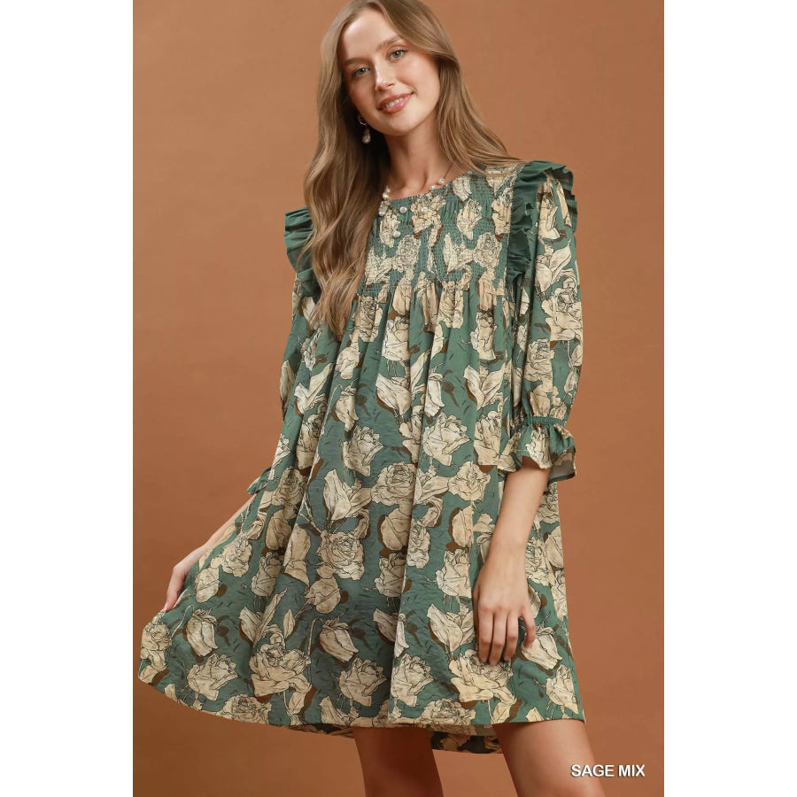Umgee Mix Floral Print Smocked Ruffle Detail Flowy Dress SAGE MIX / S Apparel and Accessories