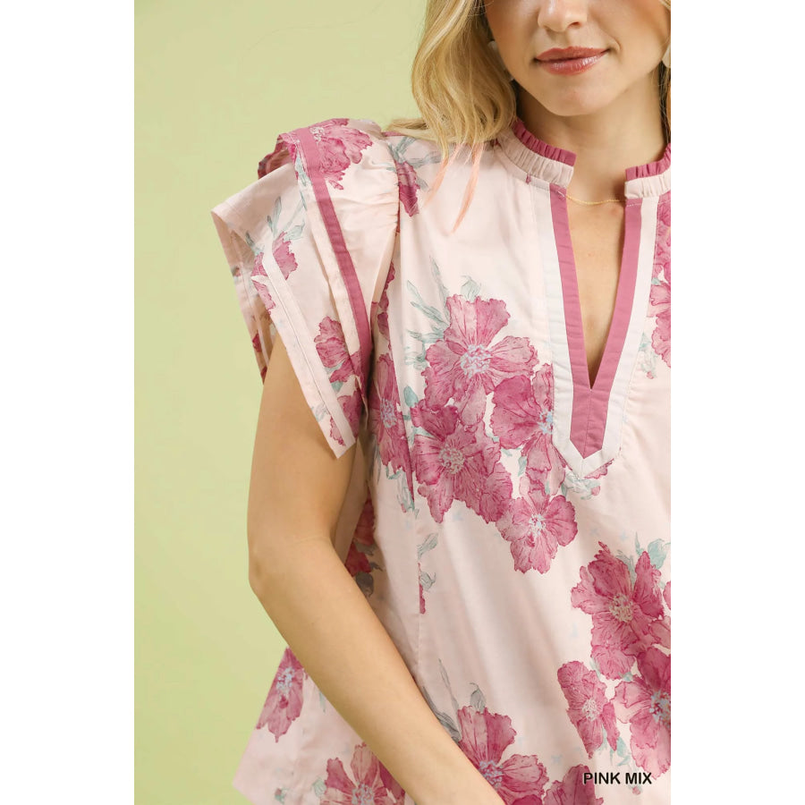 Umgee Mix Floral Ruffle Sleeve Blouse Apparel and Accessories