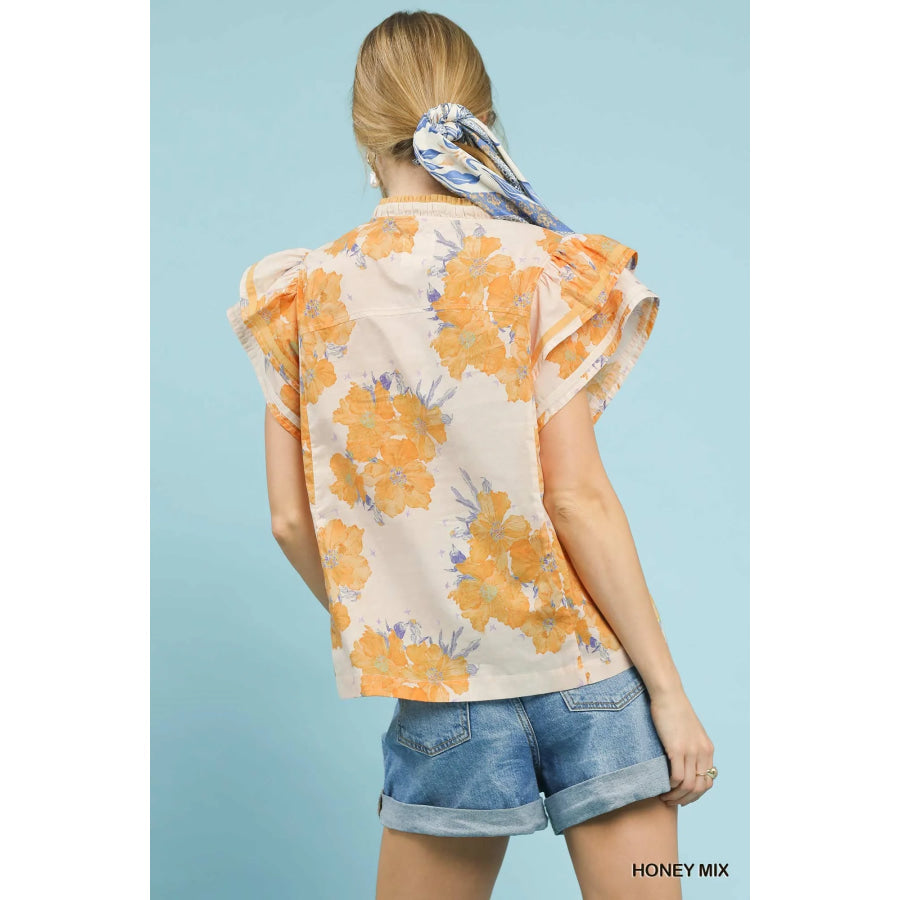 Umgee Mix Floral Ruffle Sleeve Blouse Apparel and Accessories