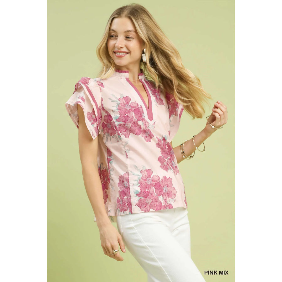 Umgee Mix Floral Ruffle Sleeve Blouse PINK MIX / S Apparel and Accessories