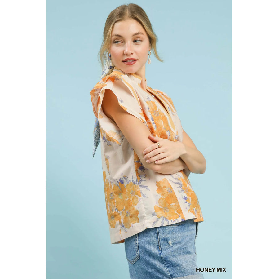 Umgee Mix Floral Ruffle Sleeve Blouse Apparel and Accessories