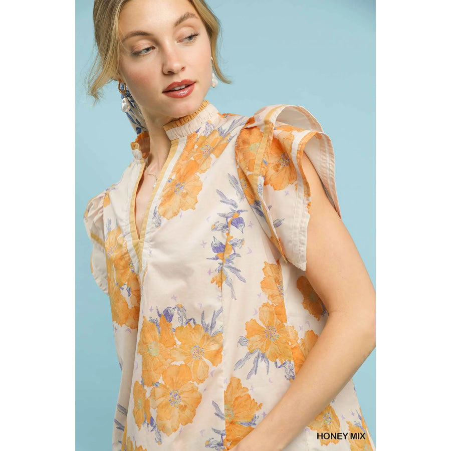 Umgee Mix Floral Ruffle Sleeve Blouse Apparel and Accessories