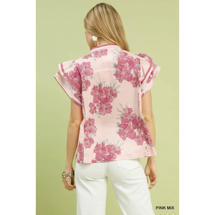 Umgee Mix Floral Ruffle Sleeve Blouse Apparel and Accessories