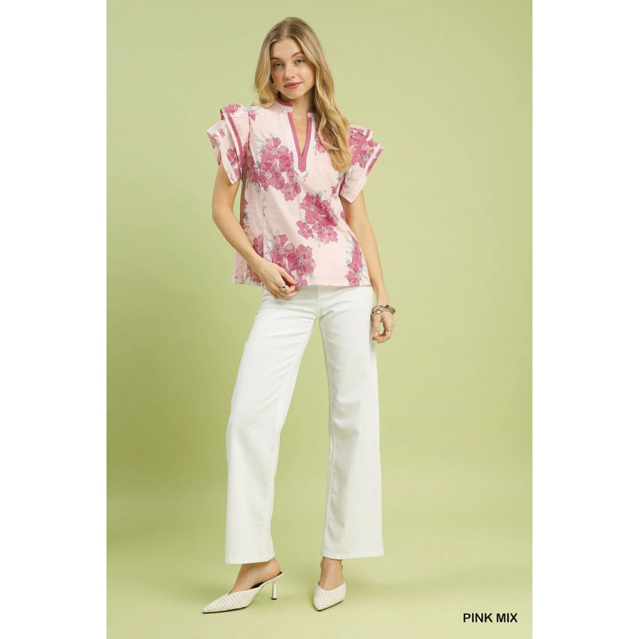 Umgee Mix Floral Ruffle Sleeve Blouse Apparel and Accessories