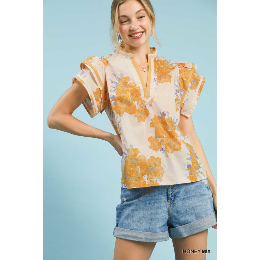 Umgee Mix Floral Ruffle Sleeve Blouse HONEY MIX / S Apparel and Accessories