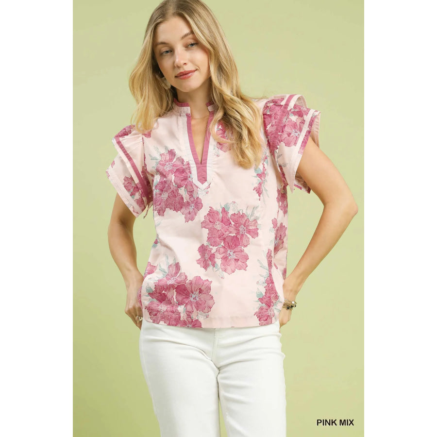 Umgee Mix Floral Ruffle Sleeve Blouse PINK MIX / S Apparel and Accessories