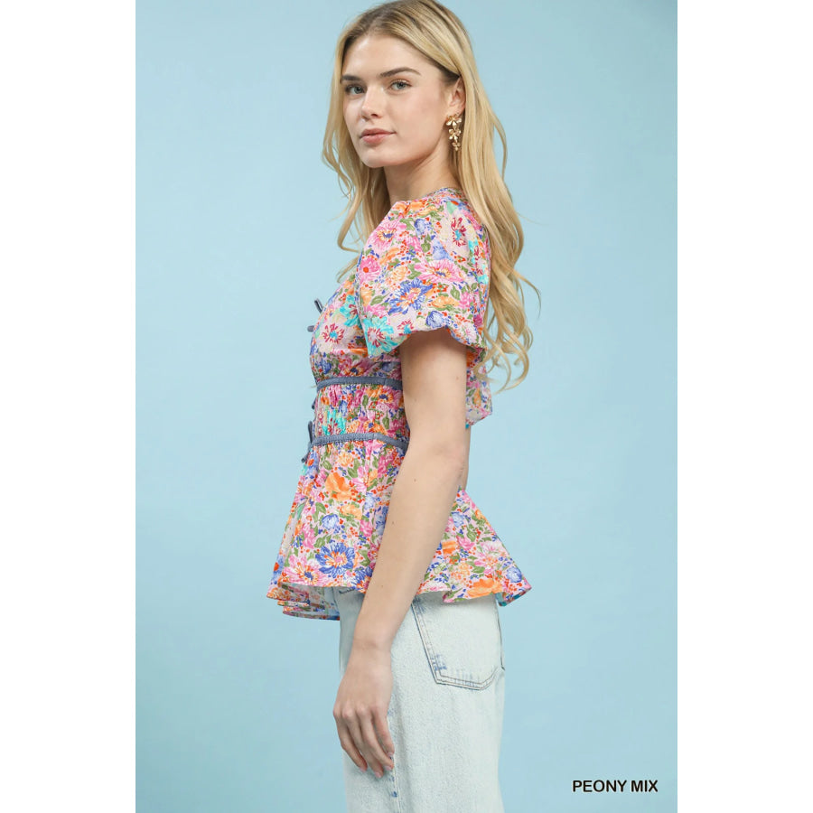 Umgee Mix Floral Smocked Waist Blouse Apparel and Accessories