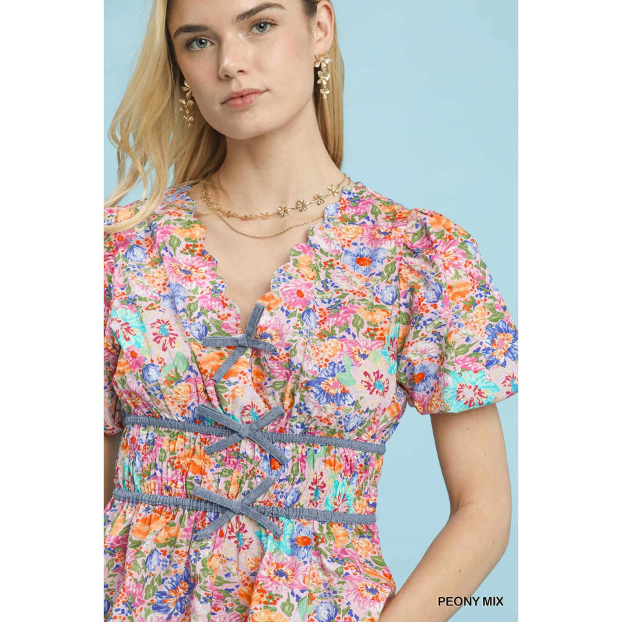 Umgee Mix Floral Smocked Waist Blouse Apparel and Accessories