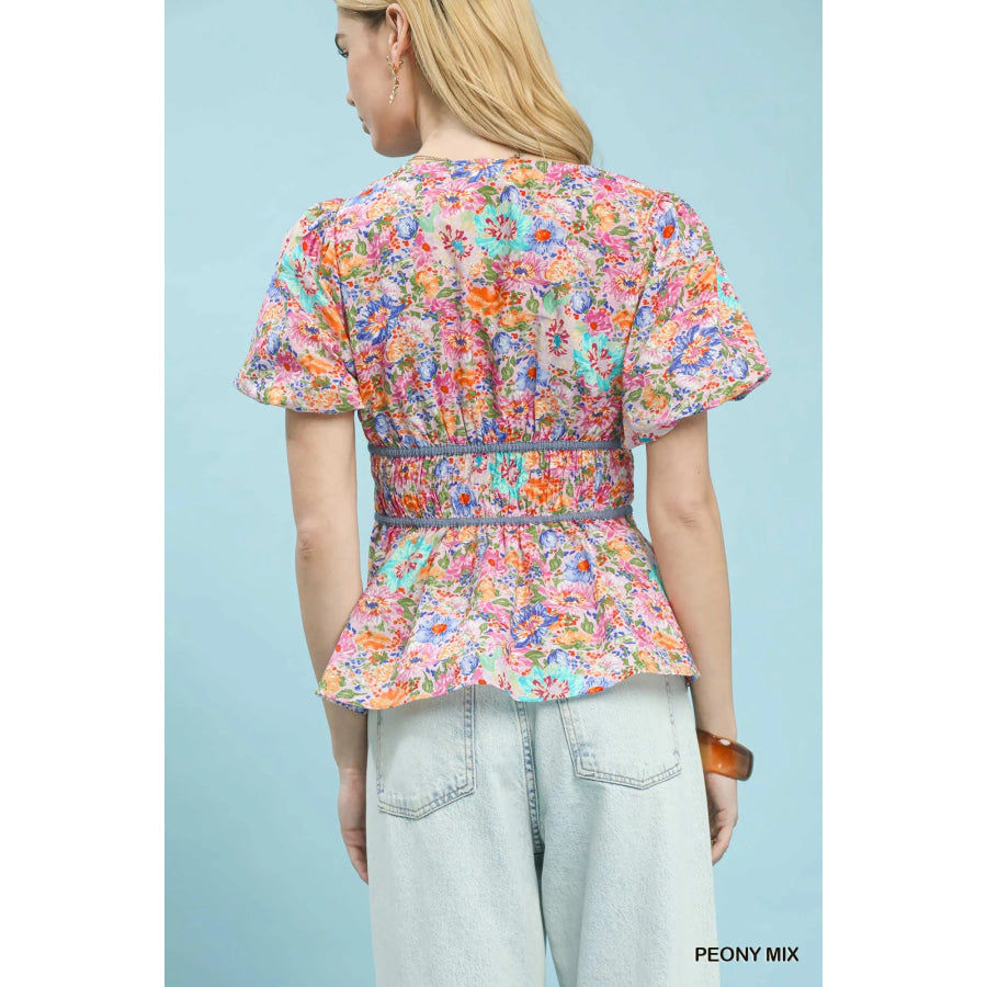 Umgee Mix Floral Smocked Waist Blouse Apparel and Accessories