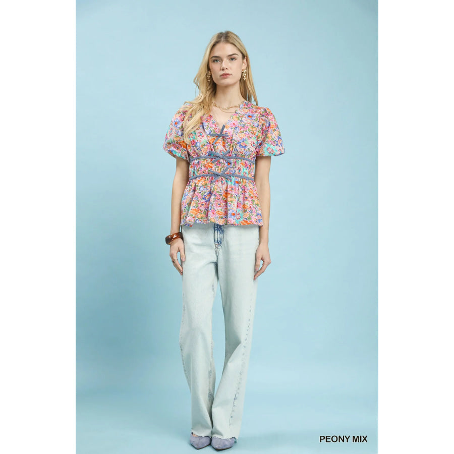 Umgee Mix Floral Smocked Waist Blouse Apparel and Accessories