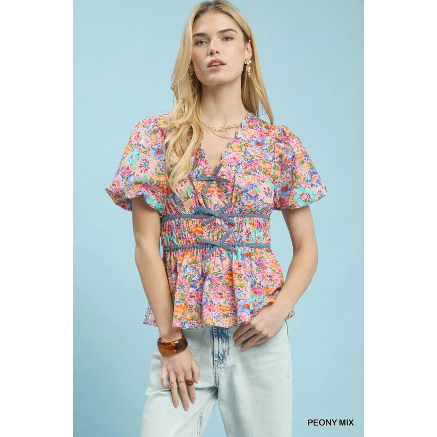 Umgee Mix Floral Smocked Waist Blouse PEONY MIX / S Apparel and Accessories