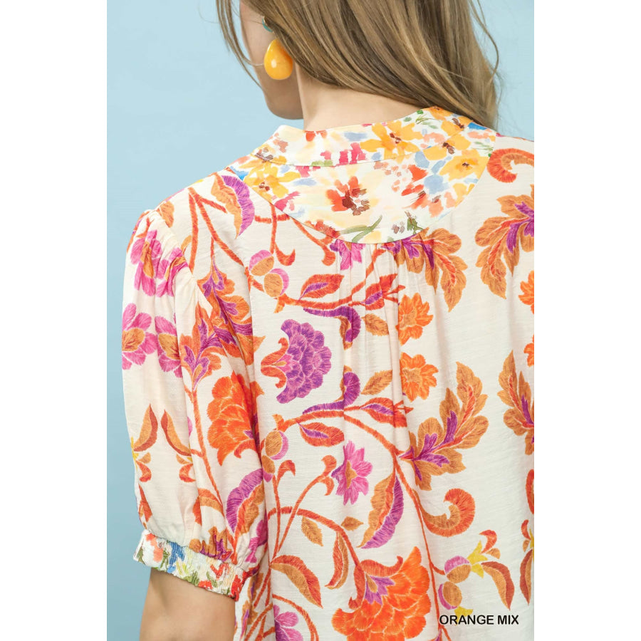 Umgee Mix Floral Split-Neck Short Sleeve Top Apparel and Accessories