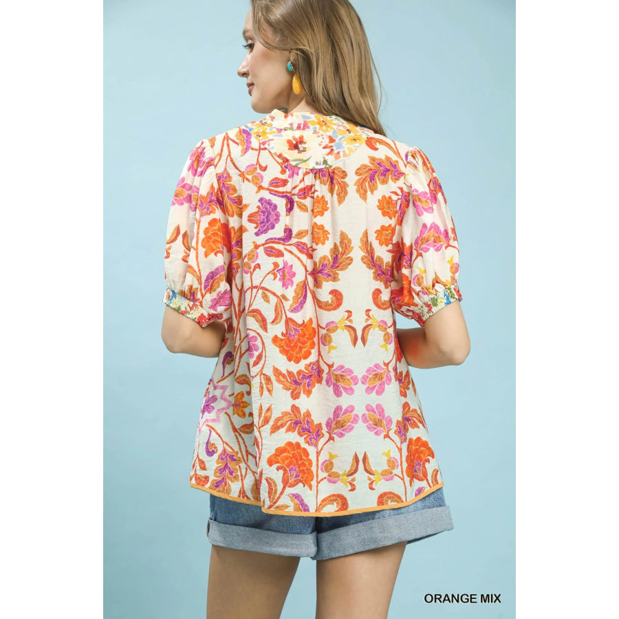 Umgee Mix Floral Split-Neck Short Sleeve Top Apparel and Accessories