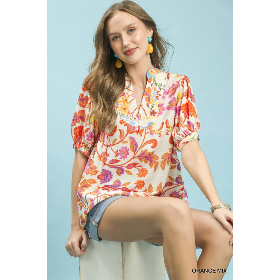 Umgee Mix Floral Split-Neck Short Sleeve Top Apparel and Accessories