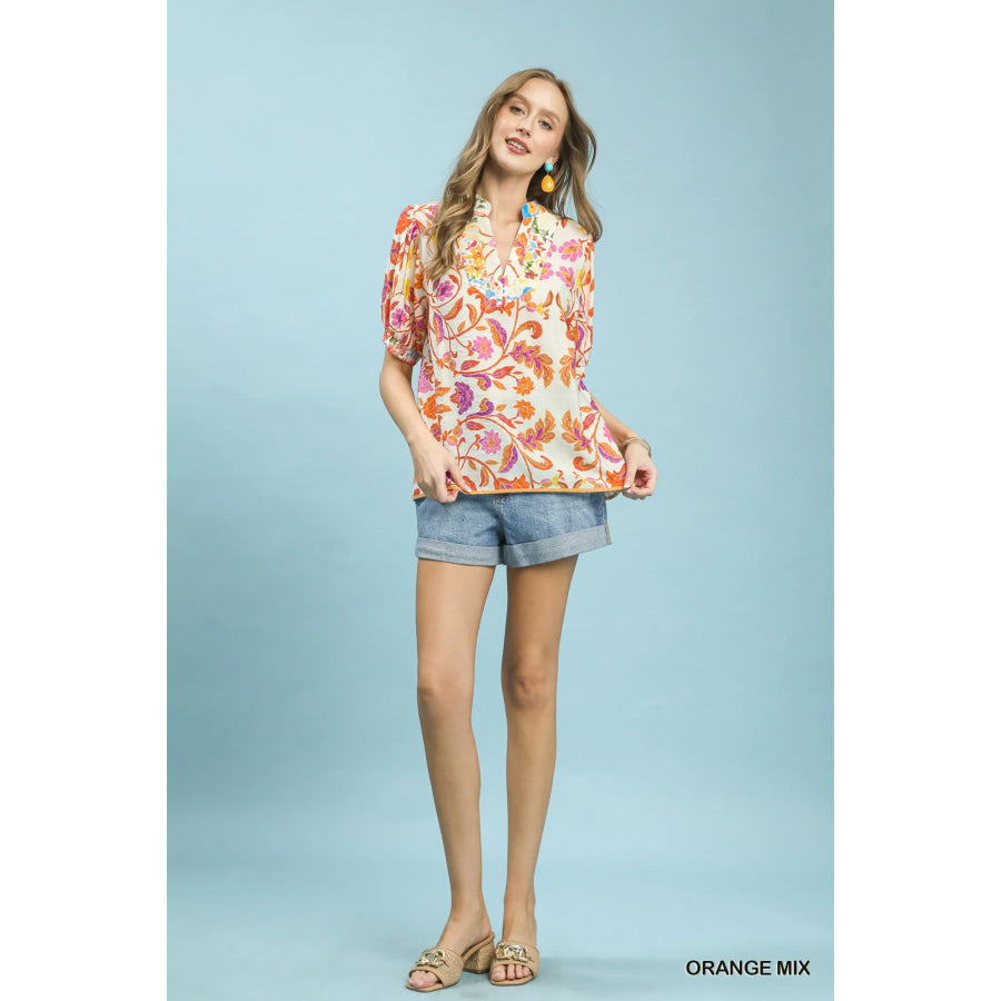 Umgee Mix Floral Split-Neck Short Sleeve Top Apparel and Accessories