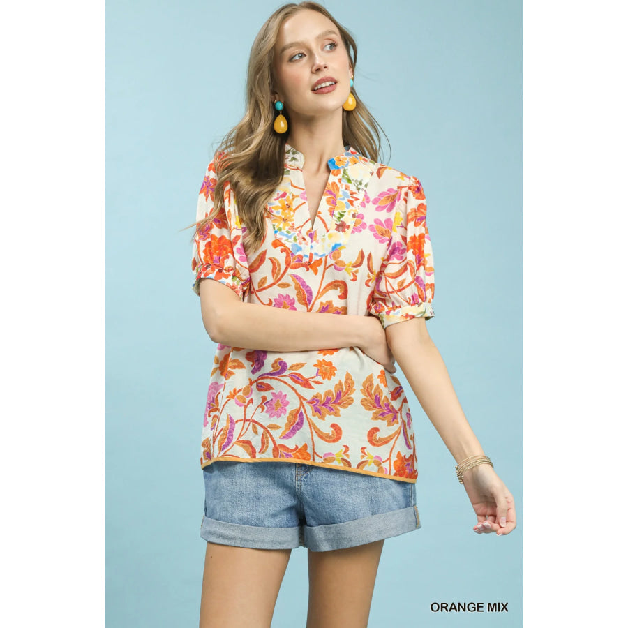 Umgee Mix Floral Split-Neck Short Sleeve Top ORANGE MIX / S Apparel and Accessories