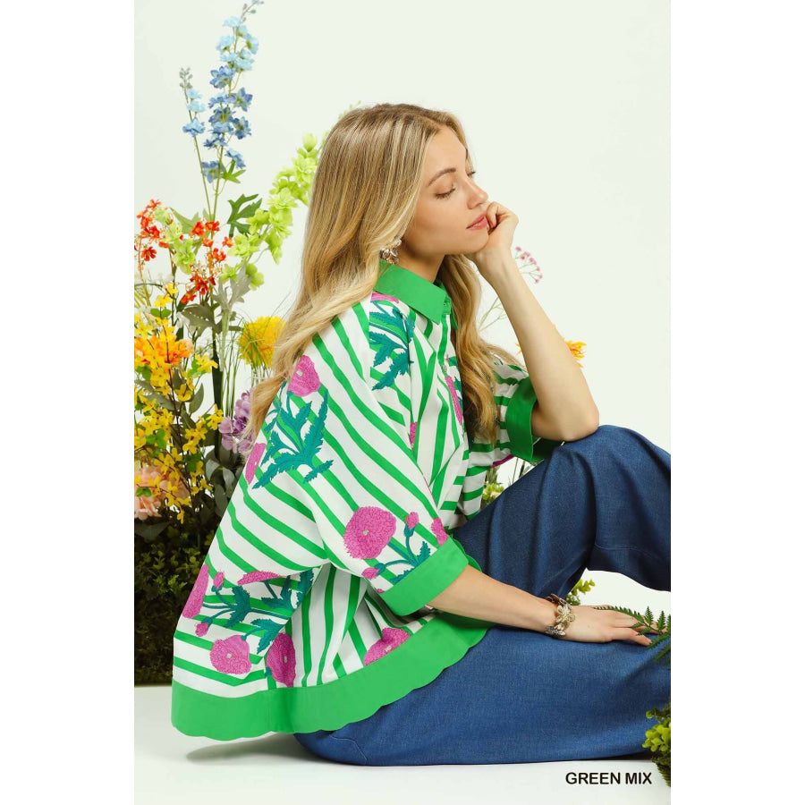 Umgee Mix Floral Stripe Button Down Top Apparel and Accessories