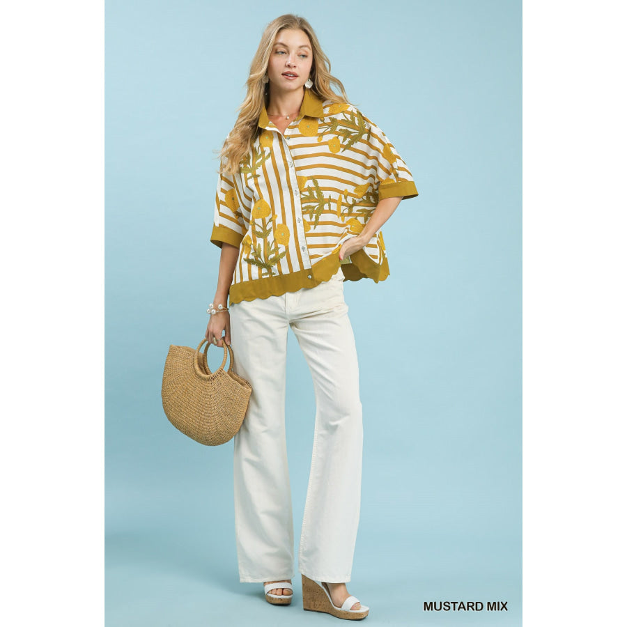 Umgee Mix Floral Stripe Button Down Top Apparel and Accessories