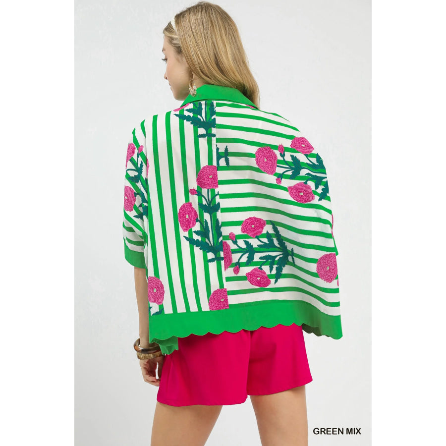 Umgee Mix Floral Stripe Button Down Top Apparel and Accessories