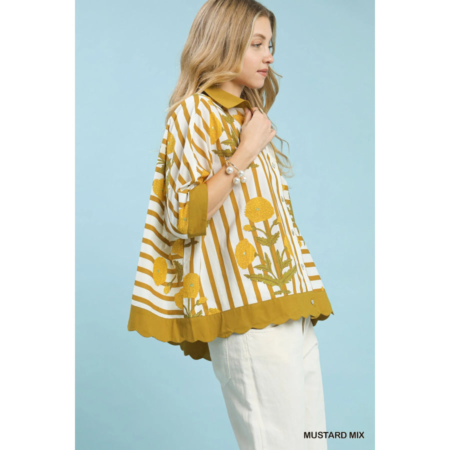 Umgee Mix Floral Stripe Button Down Top Apparel and Accessories