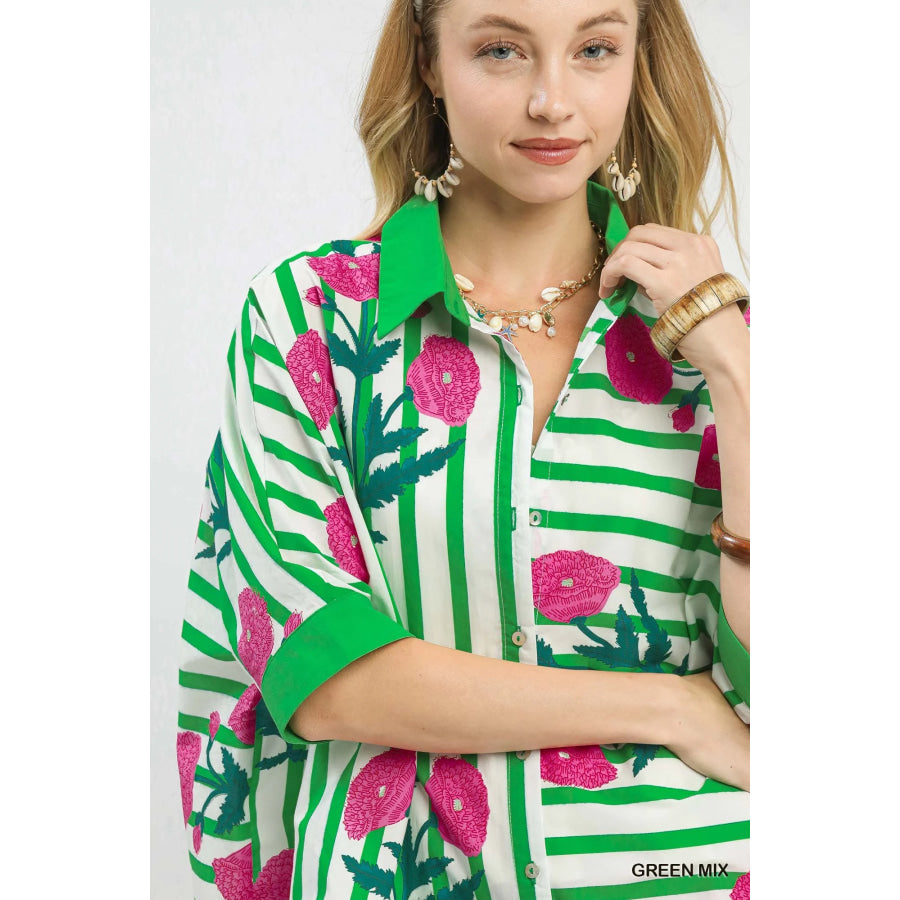 Umgee Mix Floral Stripe Button Down Top Apparel and Accessories