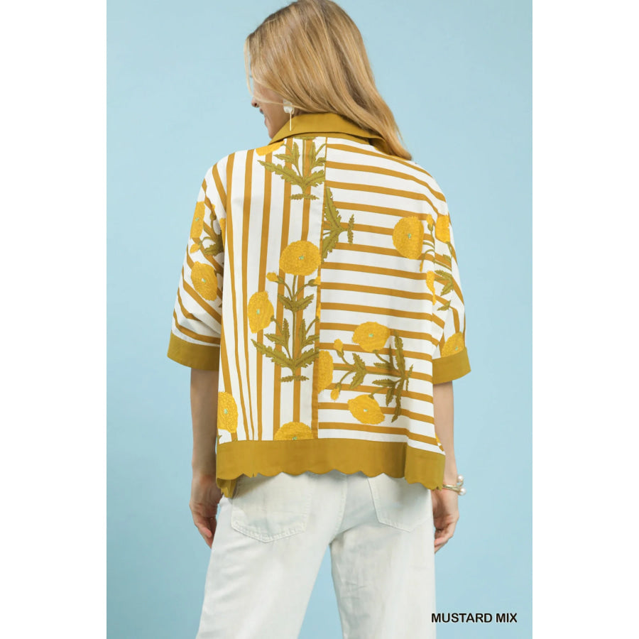 Umgee Mix Floral Stripe Button Down Top Apparel and Accessories