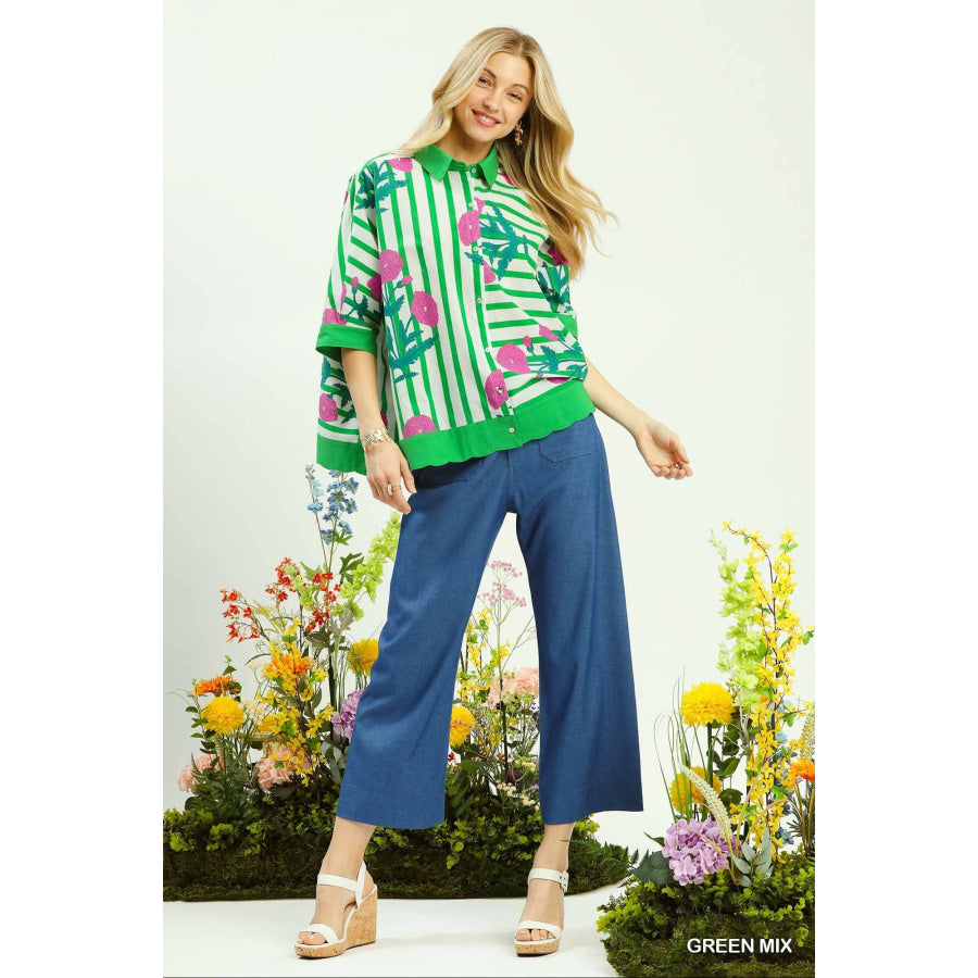 Umgee Mix Floral Stripe Button Down Top Apparel and Accessories