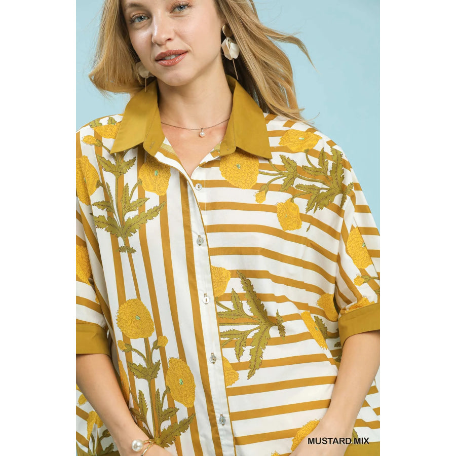 Umgee Mix Floral Stripe Button Down Top Apparel and Accessories