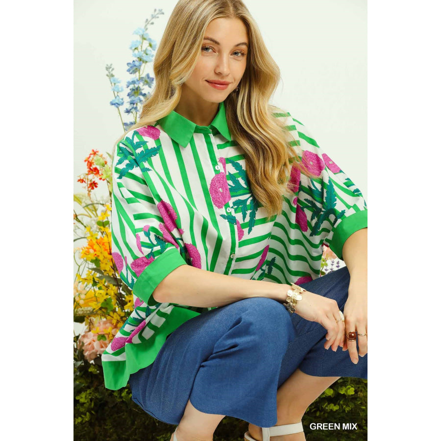 Umgee Mix Floral Stripe Button Down Top GREEN MIX / S Apparel and Accessories