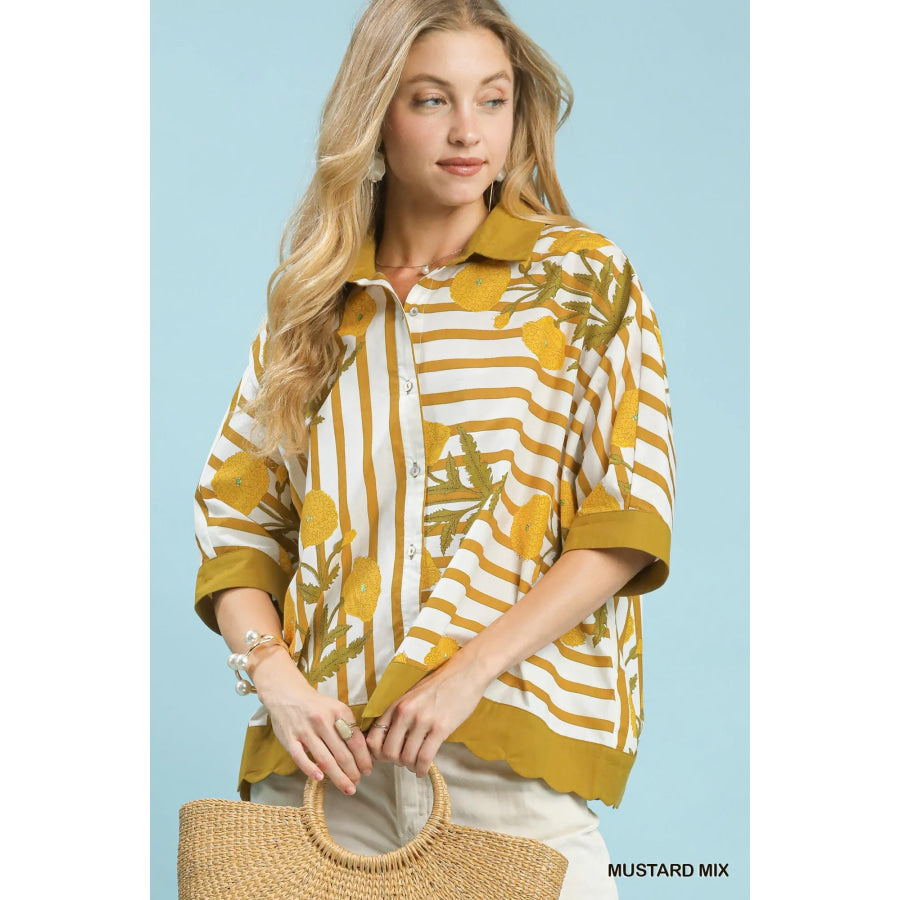 Umgee Mix Floral Stripe Button Down Top MUSTARD MIX / S Apparel and Accessories