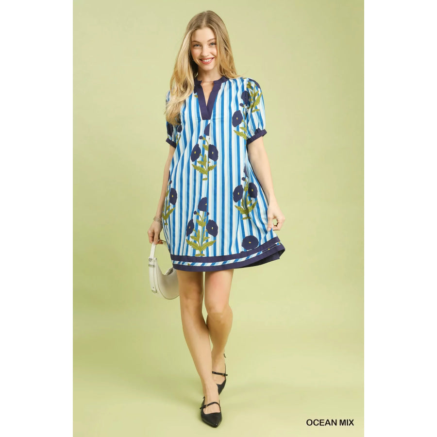 Umgee Mix Floral Stripe Contrast Dress Apparel and Accessories