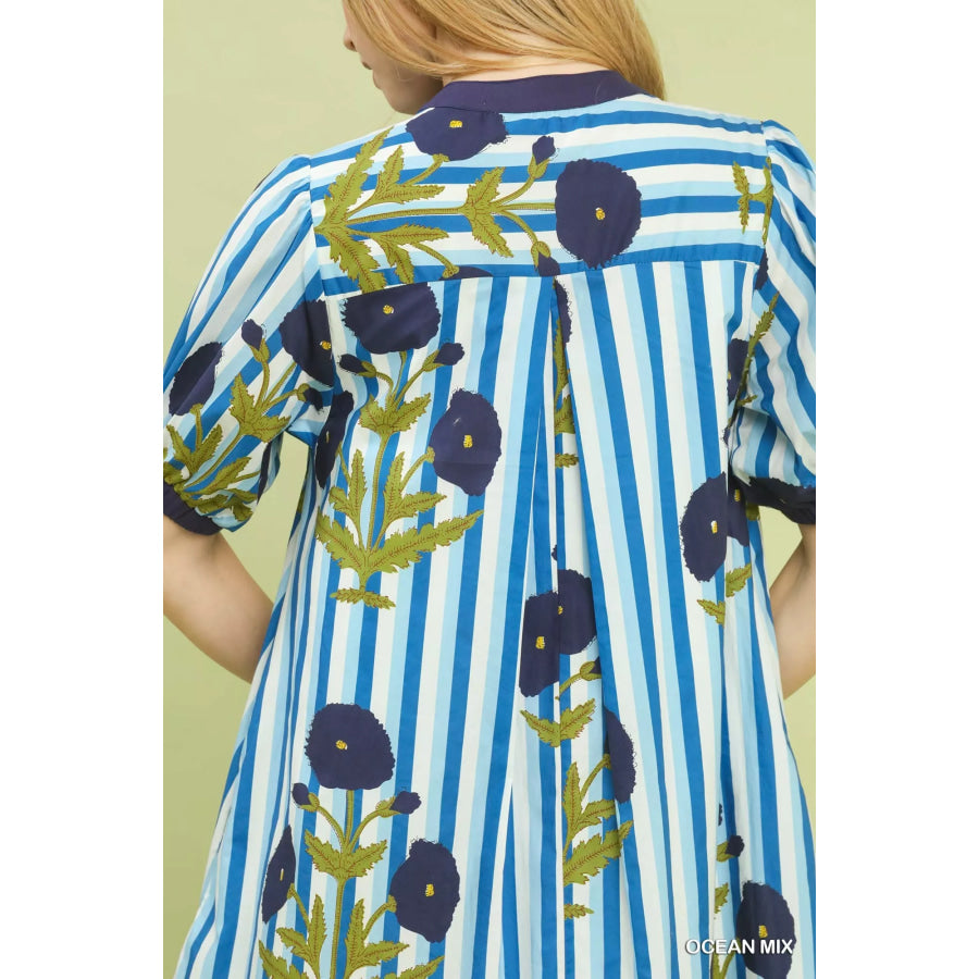 Umgee Mix Floral Stripe Contrast Dress Apparel and Accessories