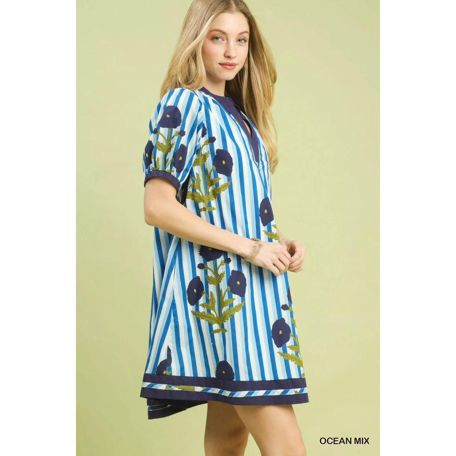 Umgee Mix Floral Stripe Contrast Dress Apparel and Accessories