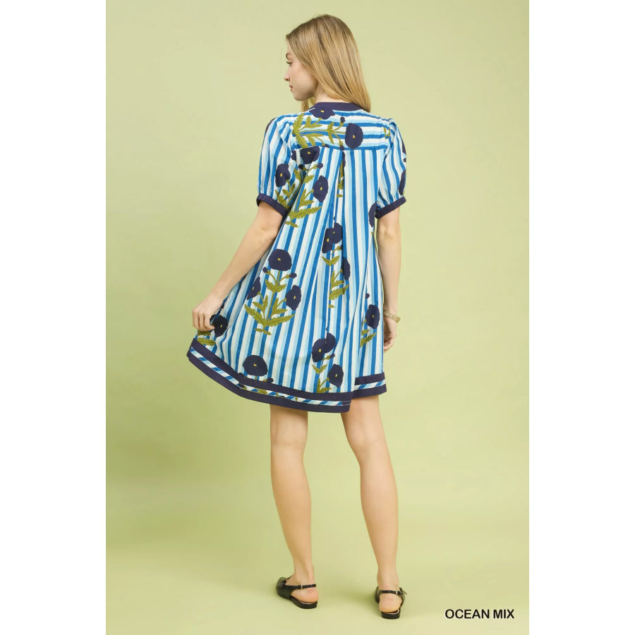 Umgee Mix Floral Stripe Contrast Dress Apparel and Accessories