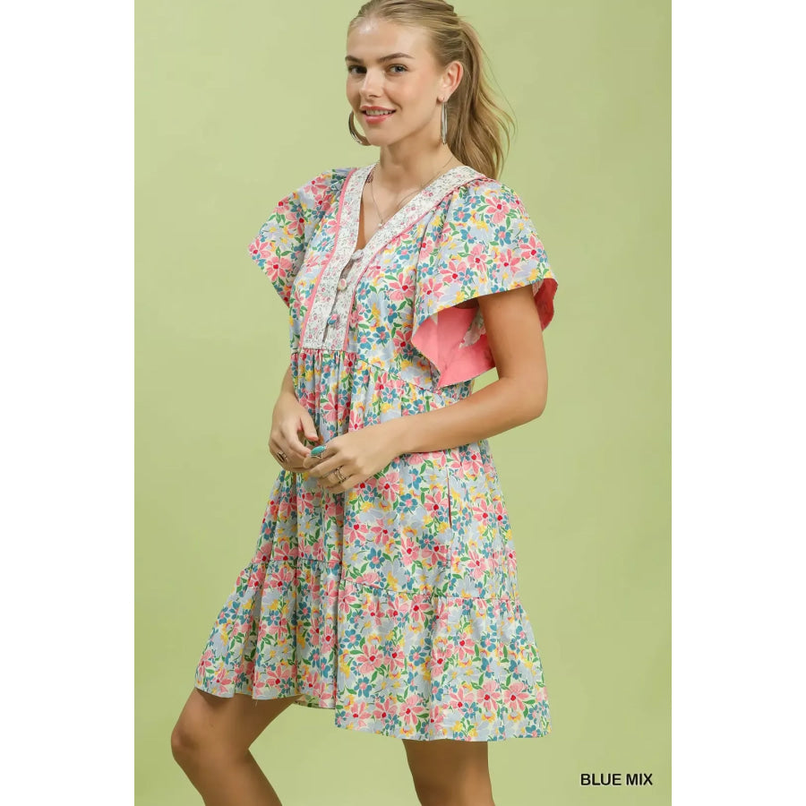 Umgee Mix Floral Tiered Mini Dress with Side Pockets BLUE MIX / S Apparel and Accessories