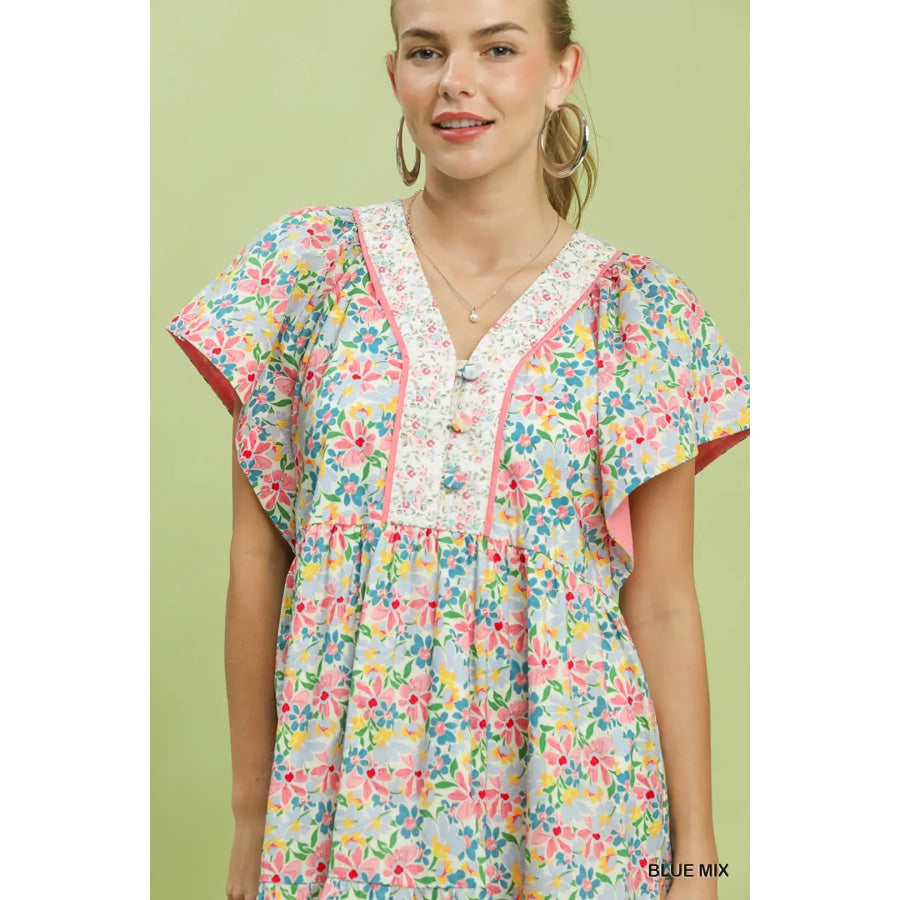Umgee Mix Floral Tiered Mini Dress with Side Pockets Apparel and Accessories