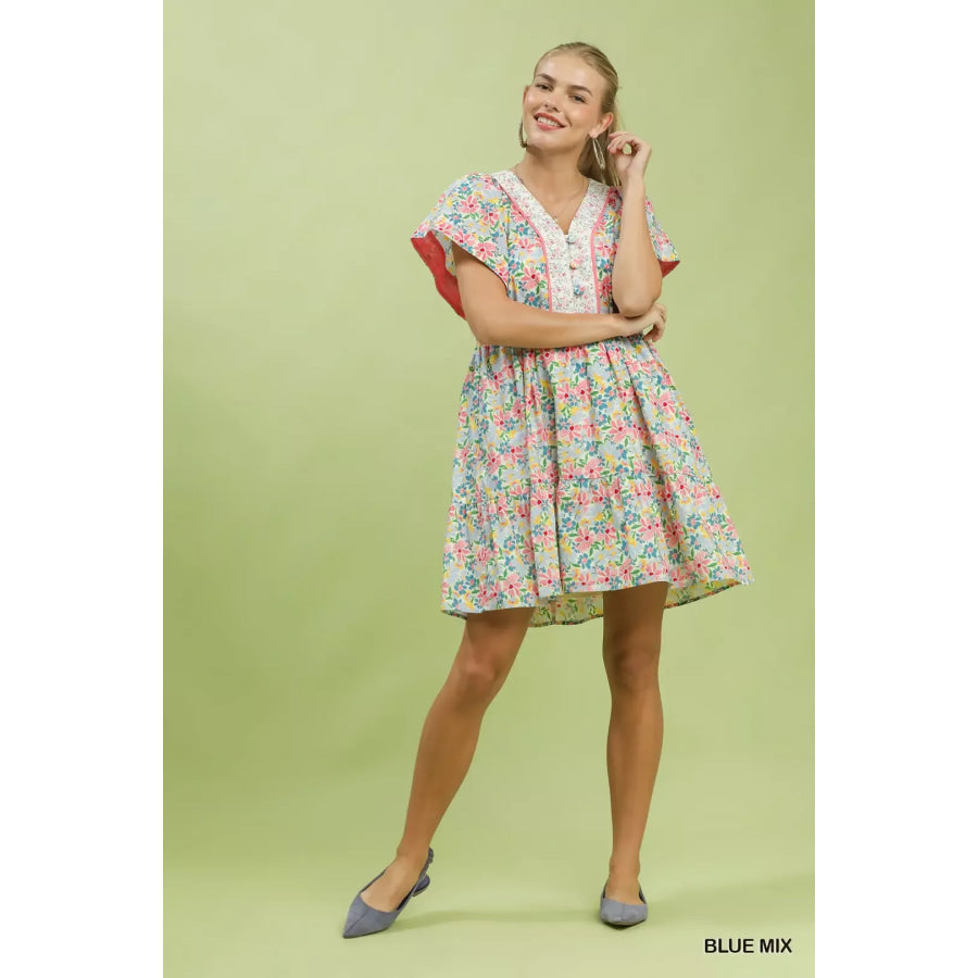 Umgee Mix Floral Tiered Mini Dress with Side Pockets Apparel and Accessories