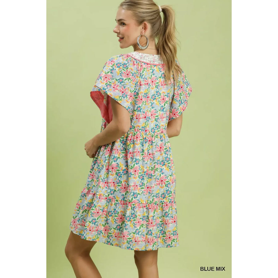 Umgee Mix Floral Tiered Mini Dress with Side Pockets Apparel and Accessories