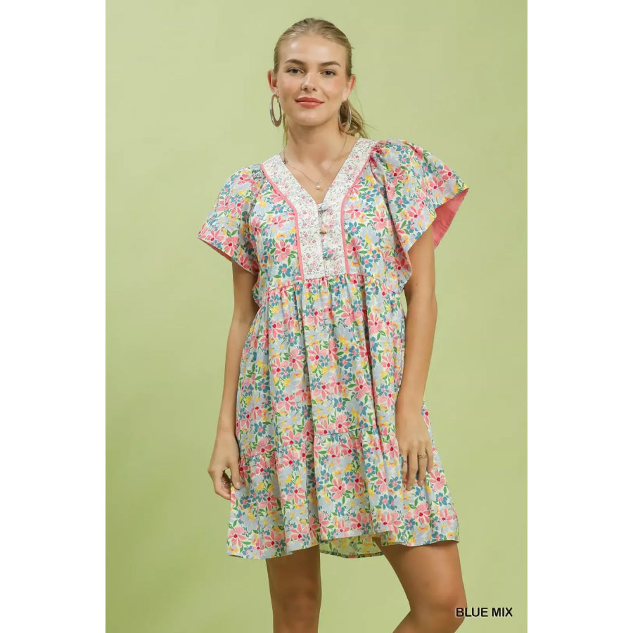 Umgee Mix Floral Tiered Mini Dress with Side Pockets BLUE MIX / S Apparel and Accessories