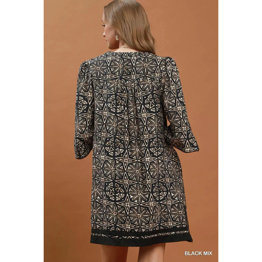 Umgee Mix Geometric Print V-Neck Tassel Detail Tunic Dress Apparel and Accessories