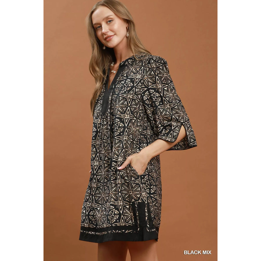 Umgee Mix Geometric Print V-Neck Tassel Detail Tunic Dress Apparel and Accessories