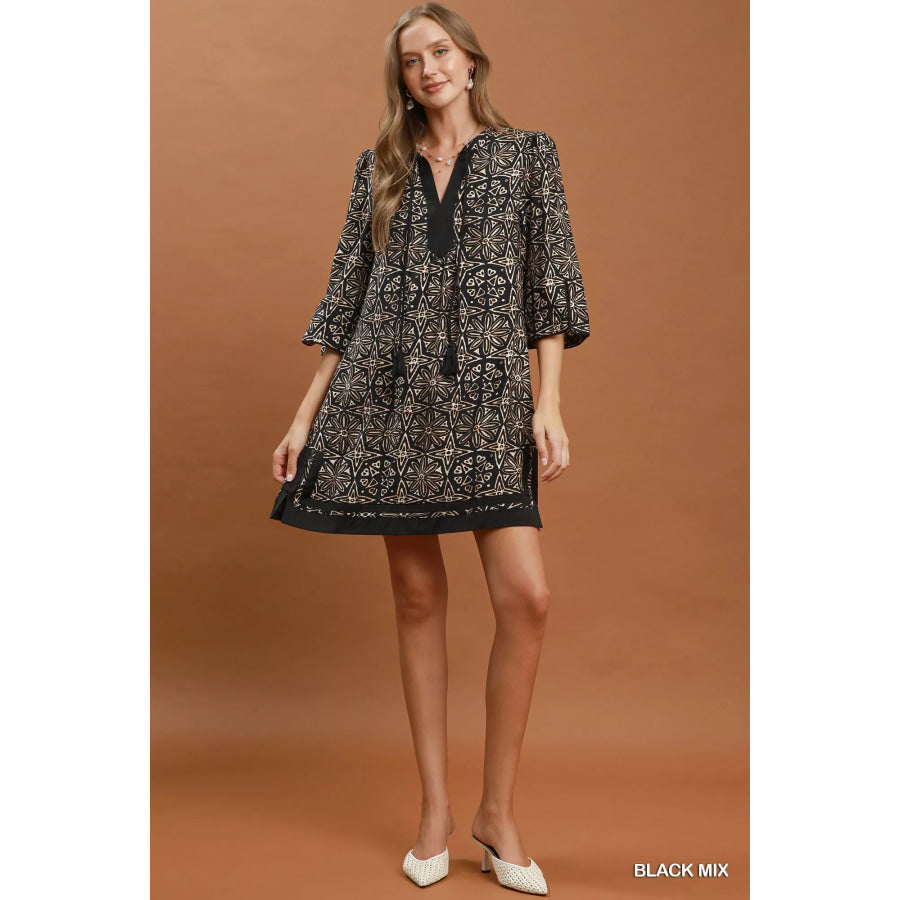 Umgee Mix Geometric Print V-Neck Tassel Detail Tunic Dress Apparel and Accessories
