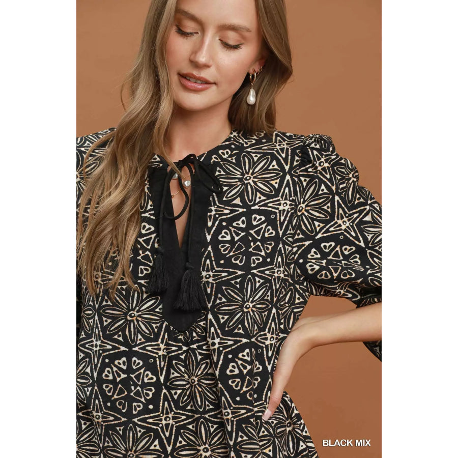 Umgee Mix Geometric Print V-Neck Tassel Detail Tunic Dress Apparel and Accessories