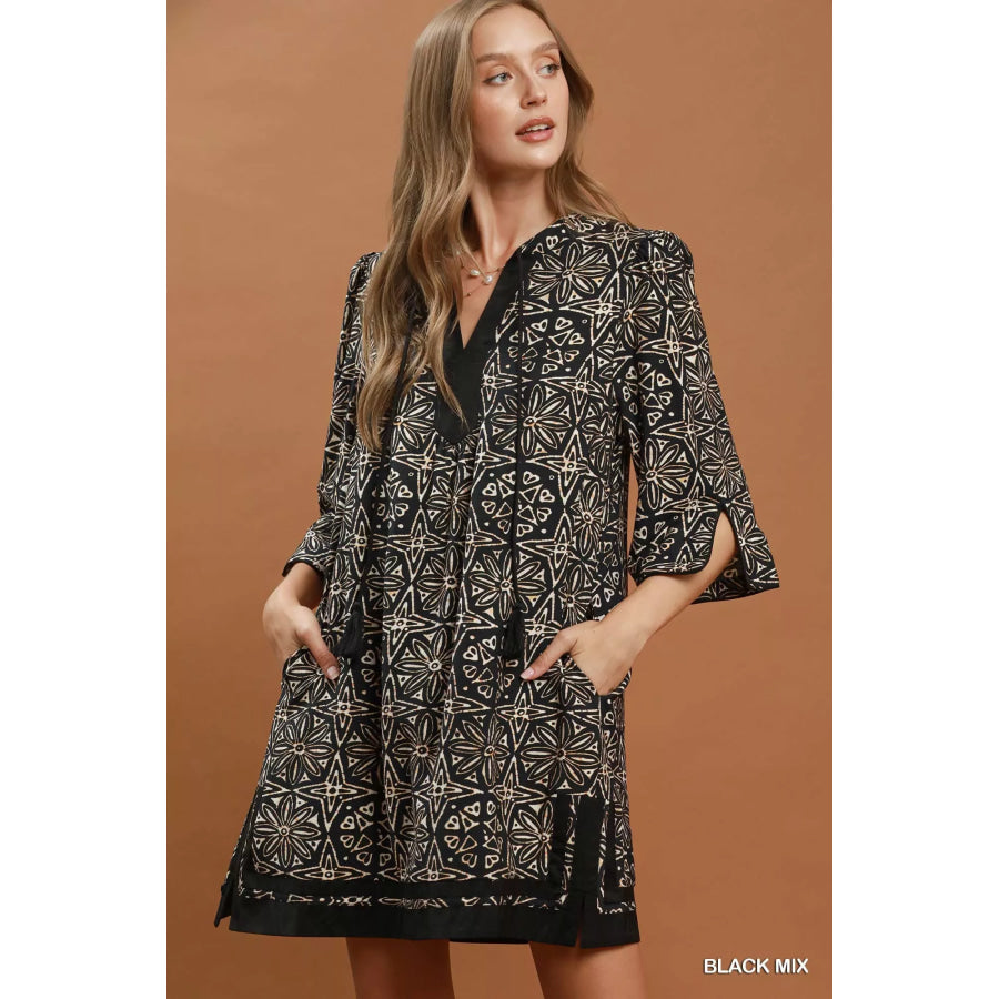 Umgee Mix Geometric Print V-Neck Tassel Detail Tunic Dress BLACK MIX / S Apparel and Accessories
