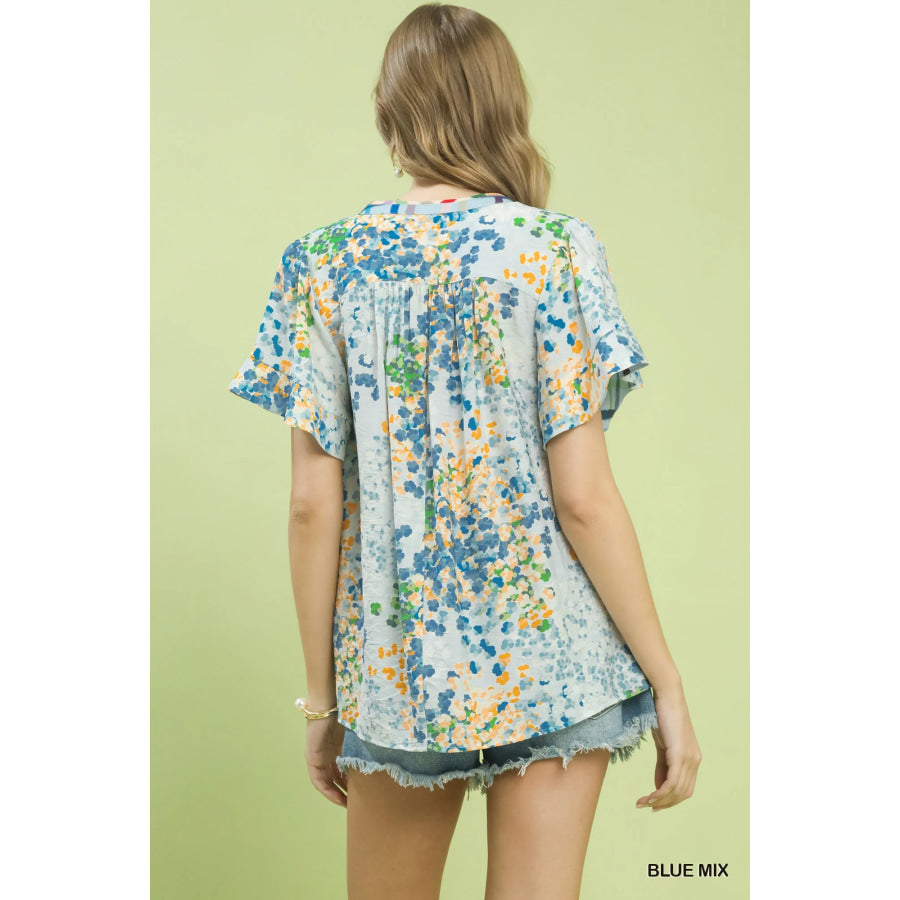 Umgee Mix Media Flutter Sleeve Blouse Apparel and Accessories