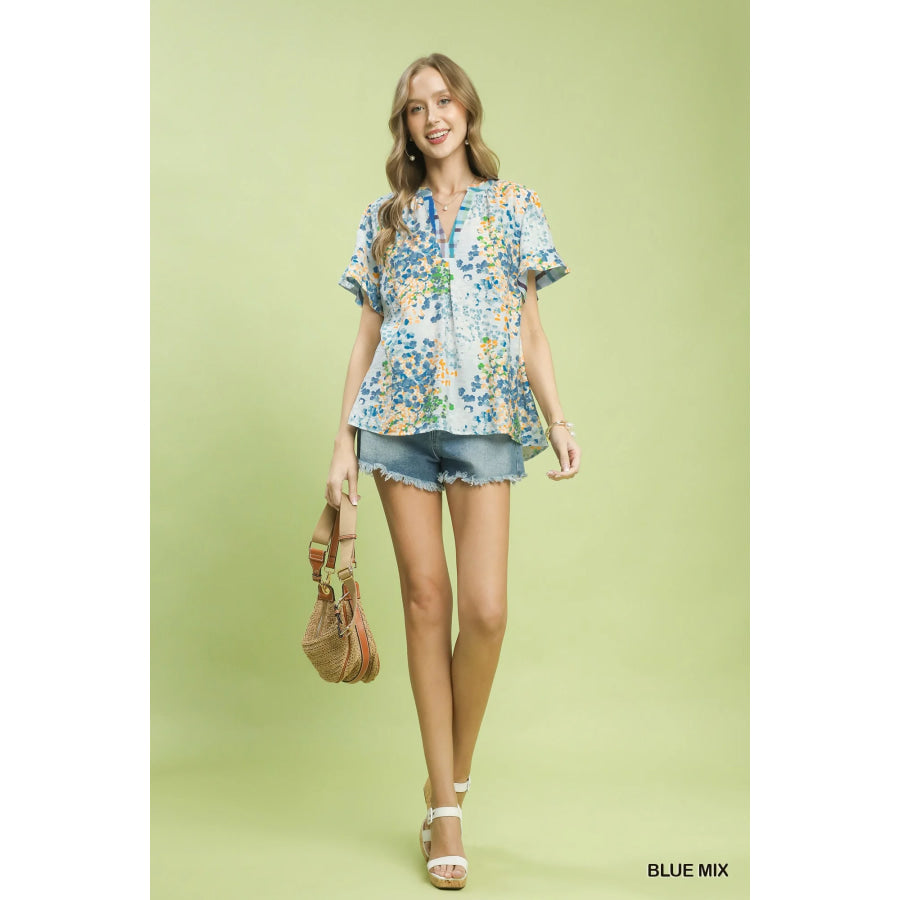 Umgee Mix Media Flutter Sleeve Blouse Apparel and Accessories