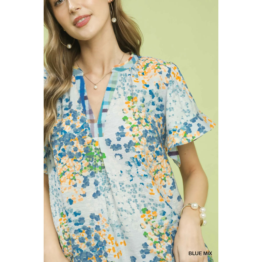 Umgee Mix Media Flutter Sleeve Blouse Apparel and Accessories