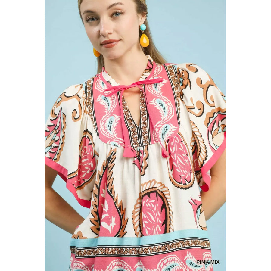 Umgee Mix Paisley Border Print Tassel Top Apparel and Accessories